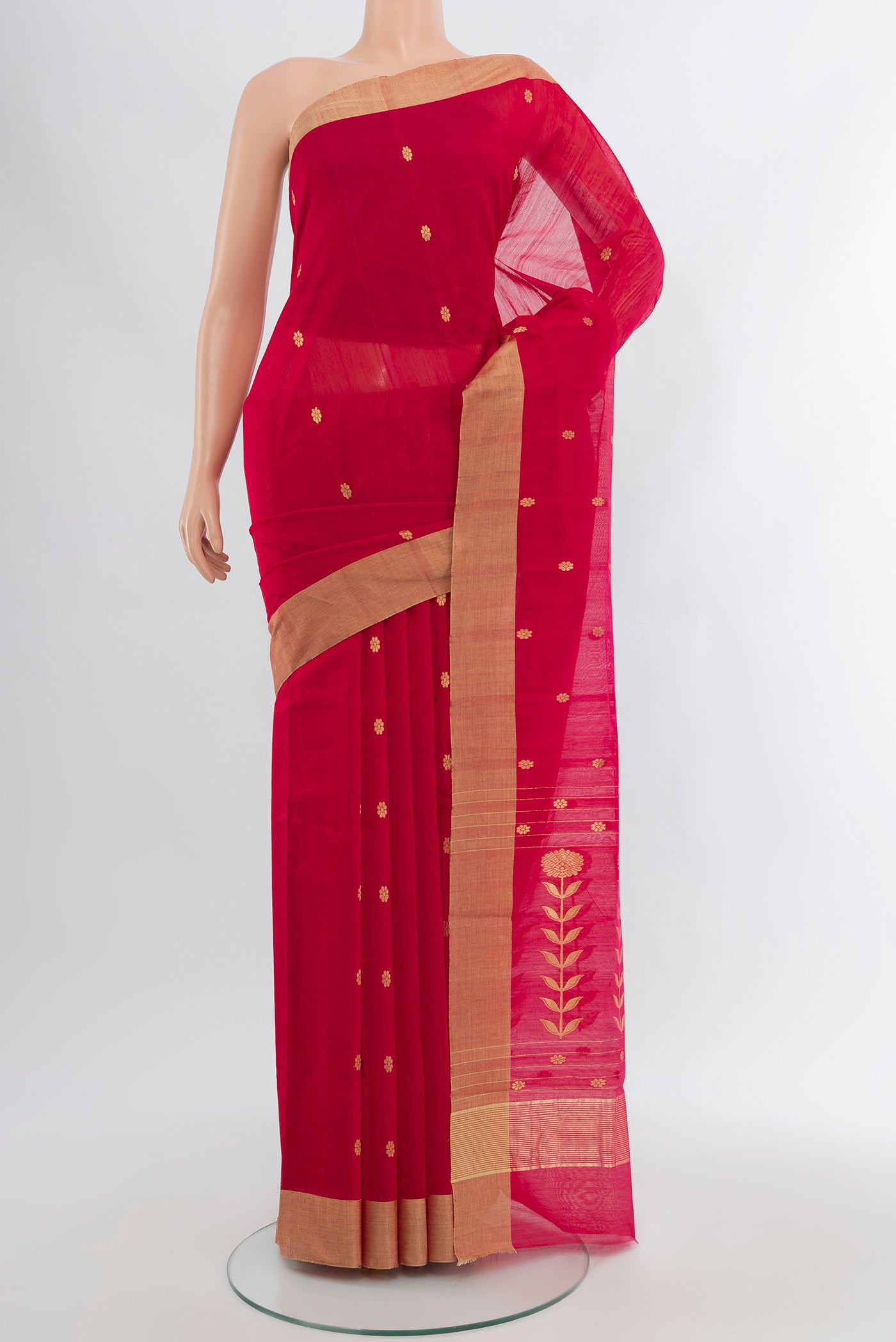 Red Chanderi Silk Cotton Saree with Zari Butta on the body and Zari Border.  displayed on a mannequin