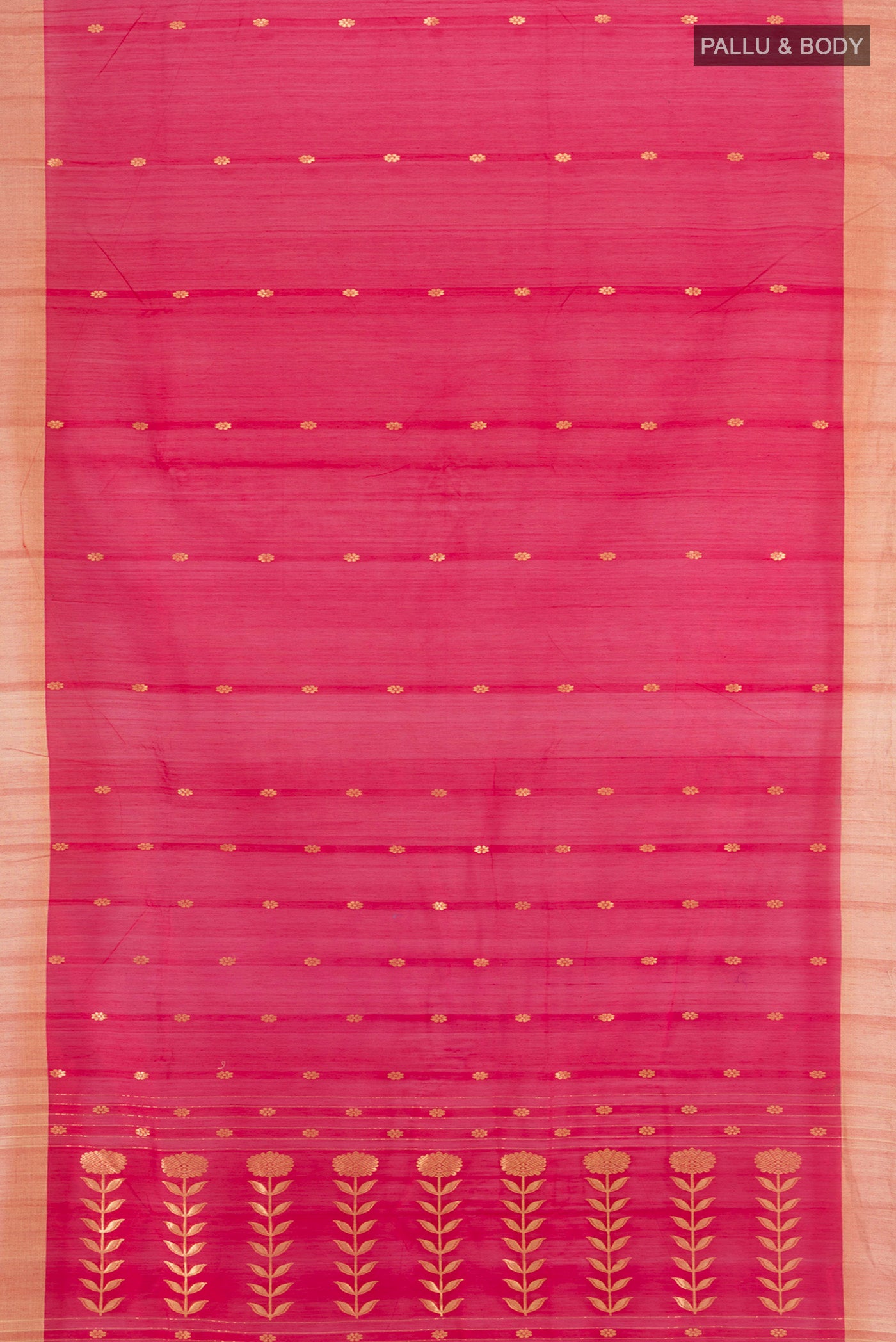 Flat view of Red Chanderi Silk Cotton Saree with Zari Butta on the body and Zari Border. 