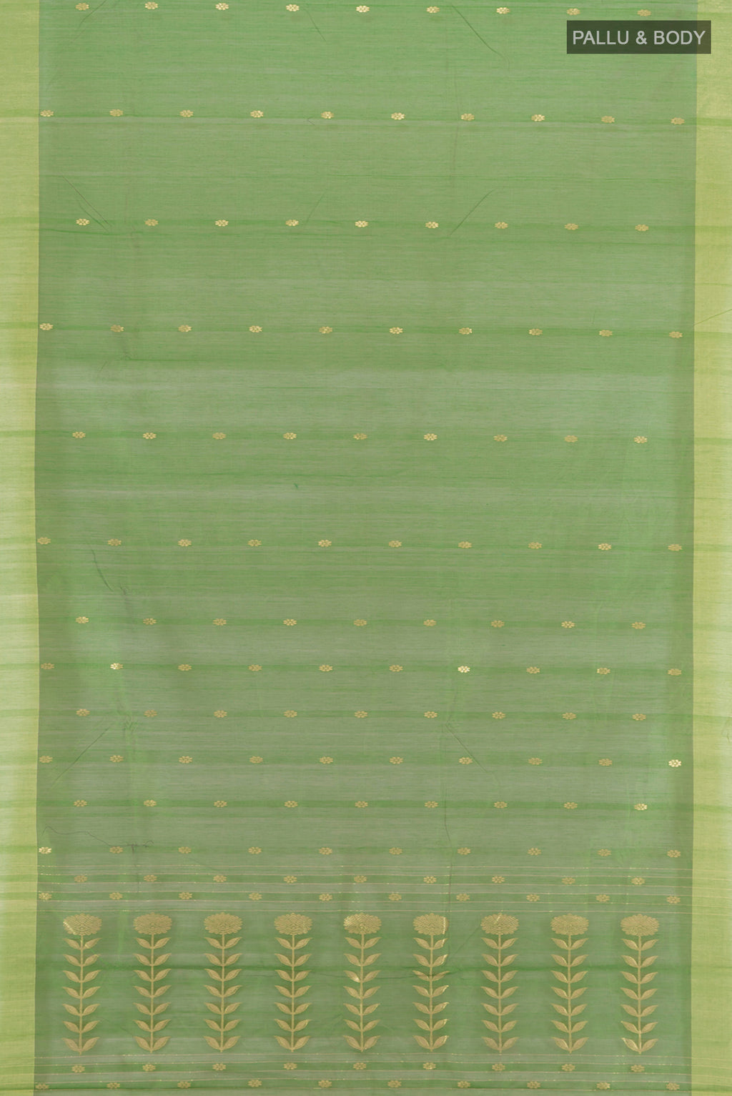 Flat view of Light Green Chanderi Silk Cotton Saree with Zari Butta on the body and Zari Border. 