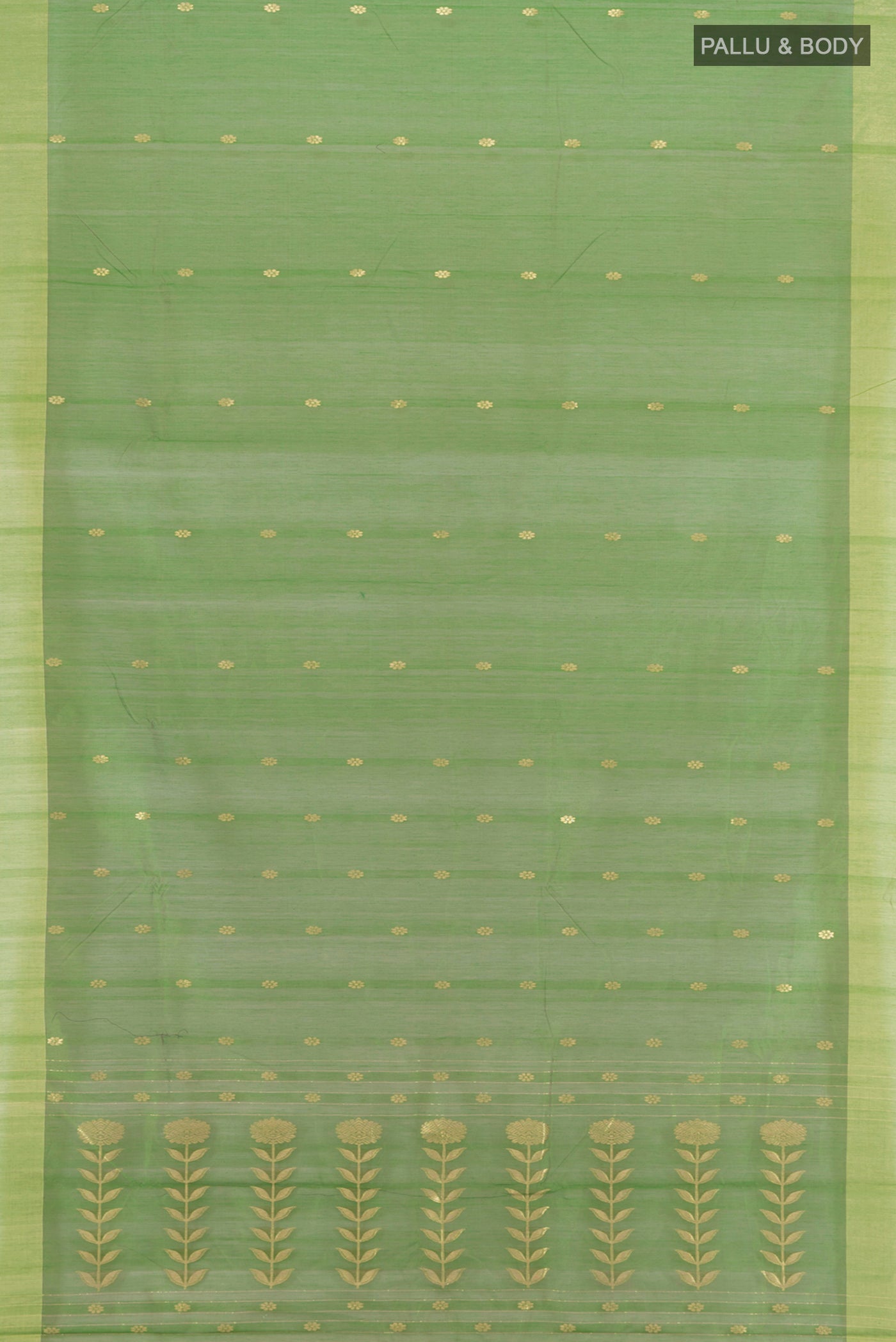 Flat view of Light Green Chanderi Silk Cotton Saree with Zari Butta on the body and Zari Border. 