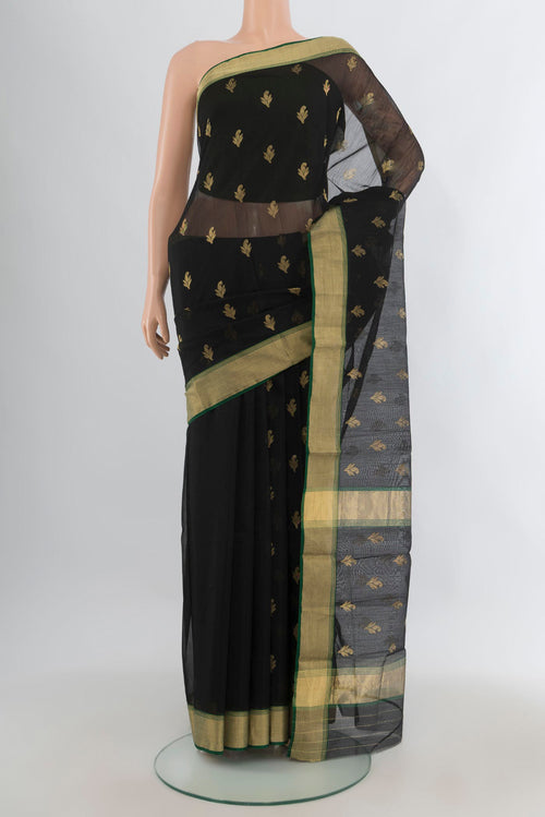 Black Chanderi Cotton Saree with Zari Butta on the body and Zari Border.  displayed on a mannequin