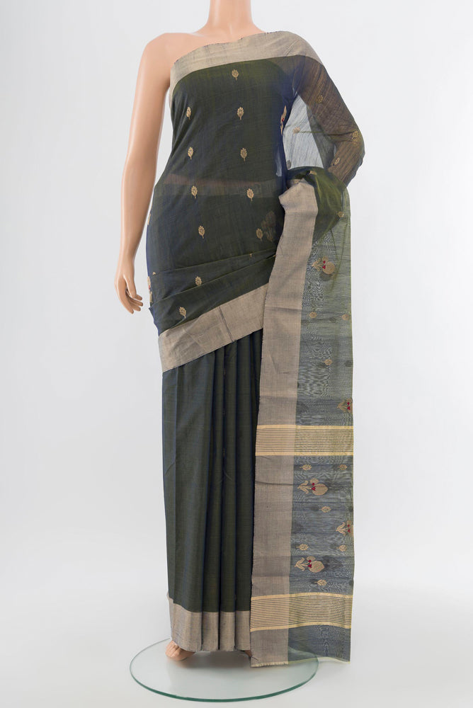 Navy Blue Chanderi Silk Cotton Saree with Zari Butta on the body and Silk Border.  displayed on a mannequin