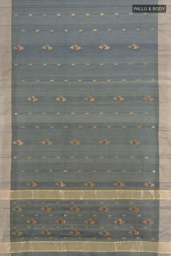 Flat view of Navy Blue Chanderi Silk Cotton Saree with Zari Butta on the body and Silk Border. 