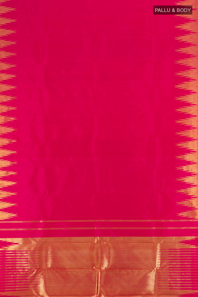 Flat view of Pure Silk Pure Zari Dark Pink Kanchipuram Saree with Zari Butta on the body and Silk Border. 