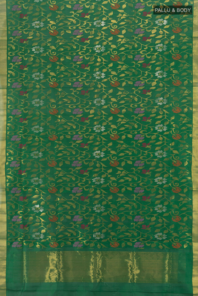 Flat view of Bottle Green Uppada Silk Saree with Zari Butta on the body and Silk Border. 