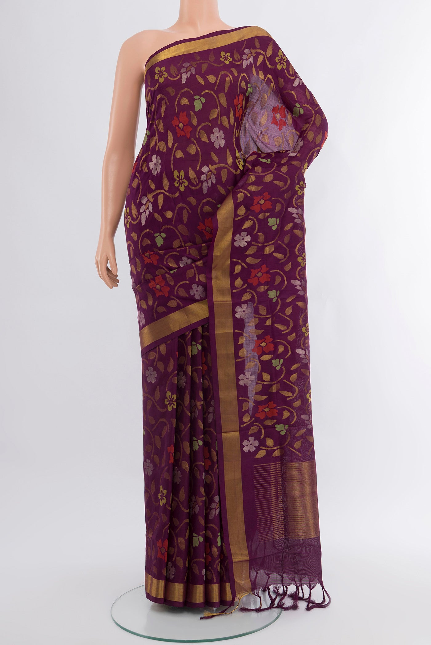 Pure Silk Pure Zari Purple Uppada Saree with Zari Brocade on the body and Zari Border.  displayed on a mannequin