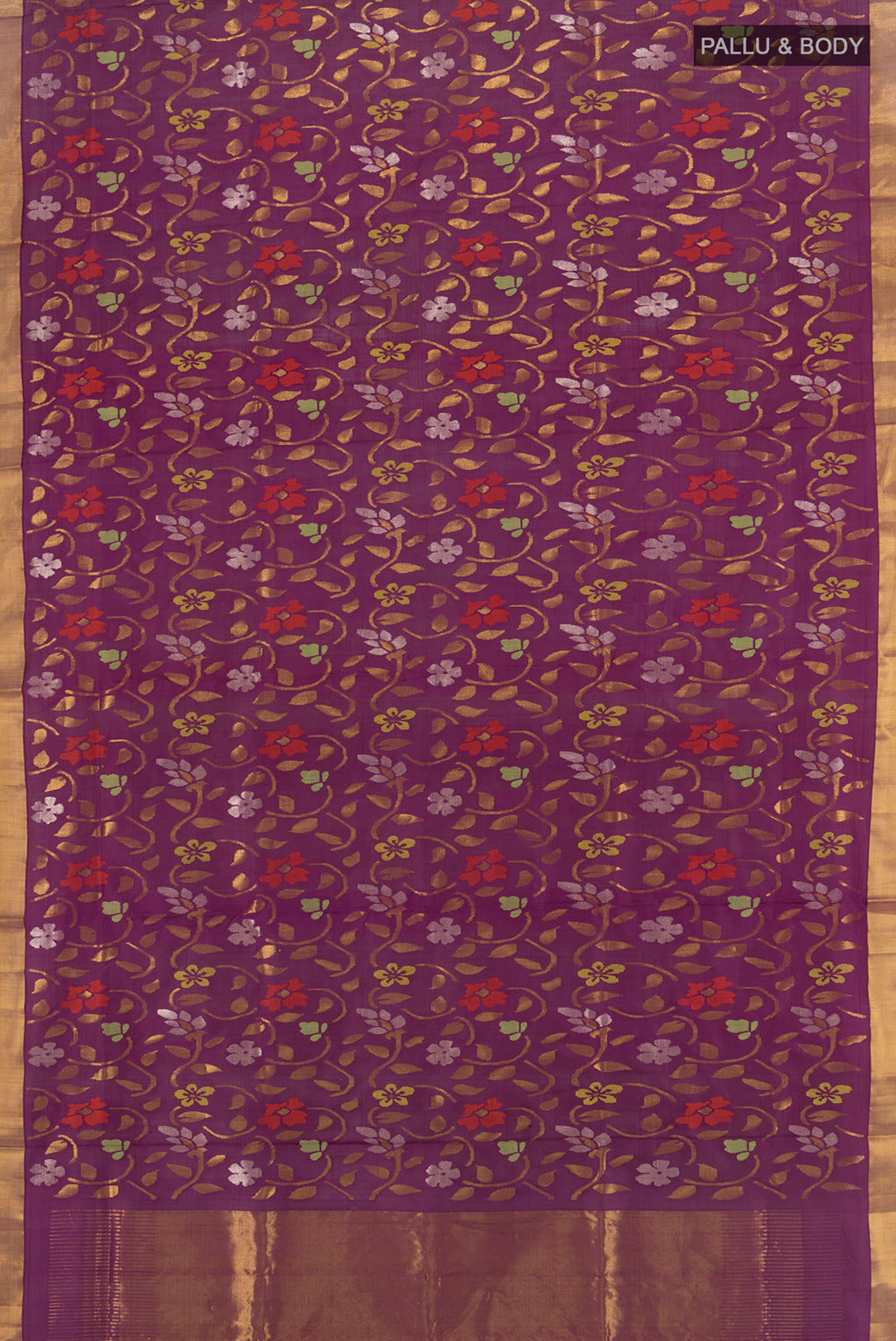 Flat view of Pure Silk Pure Zari Purple Uppada Saree with Zari Brocade on the body and Zari Border. 
