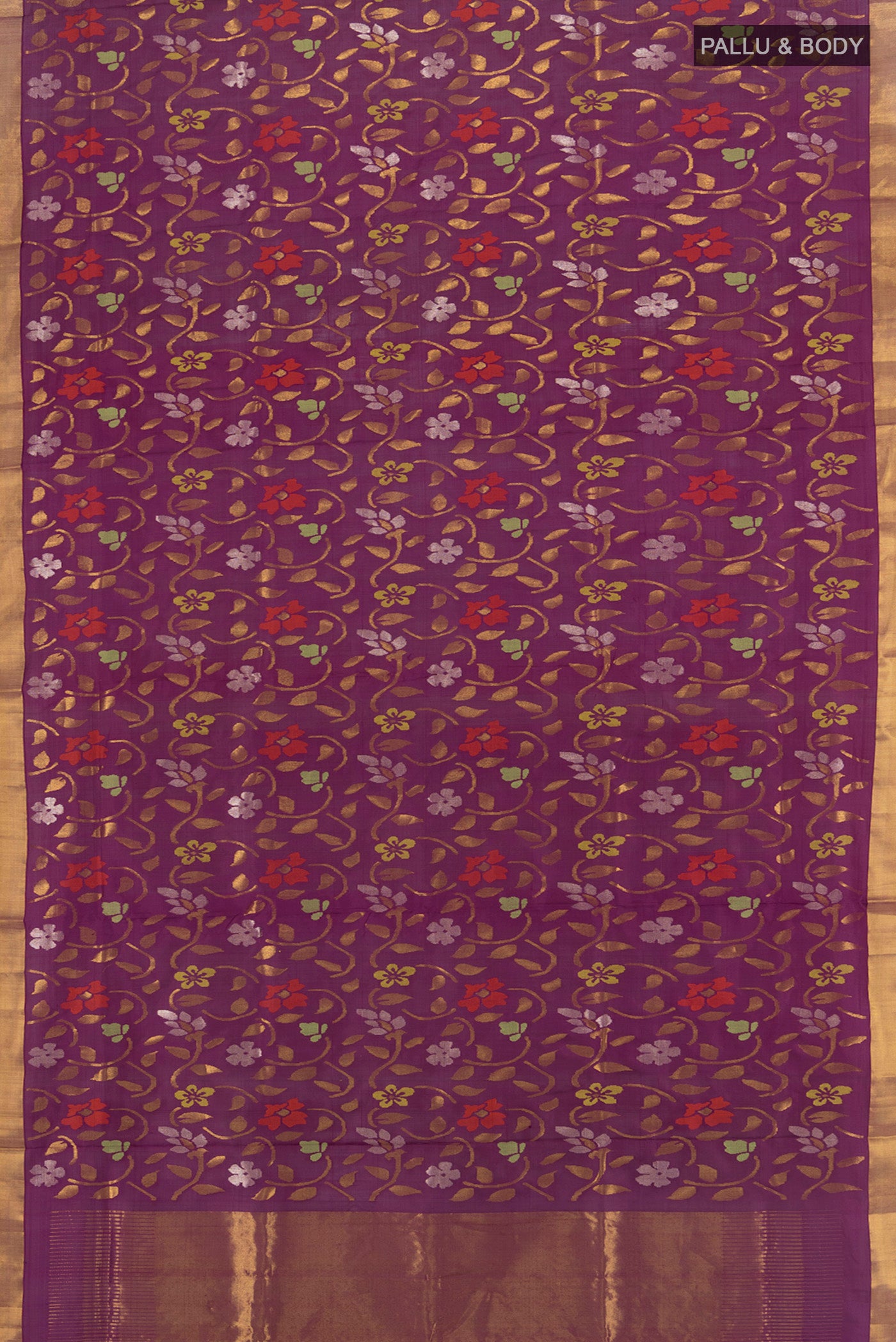 Flat view of Pure Silk Pure Zari Purple Uppada Saree with Zari Brocade on the body and Zari Border. 