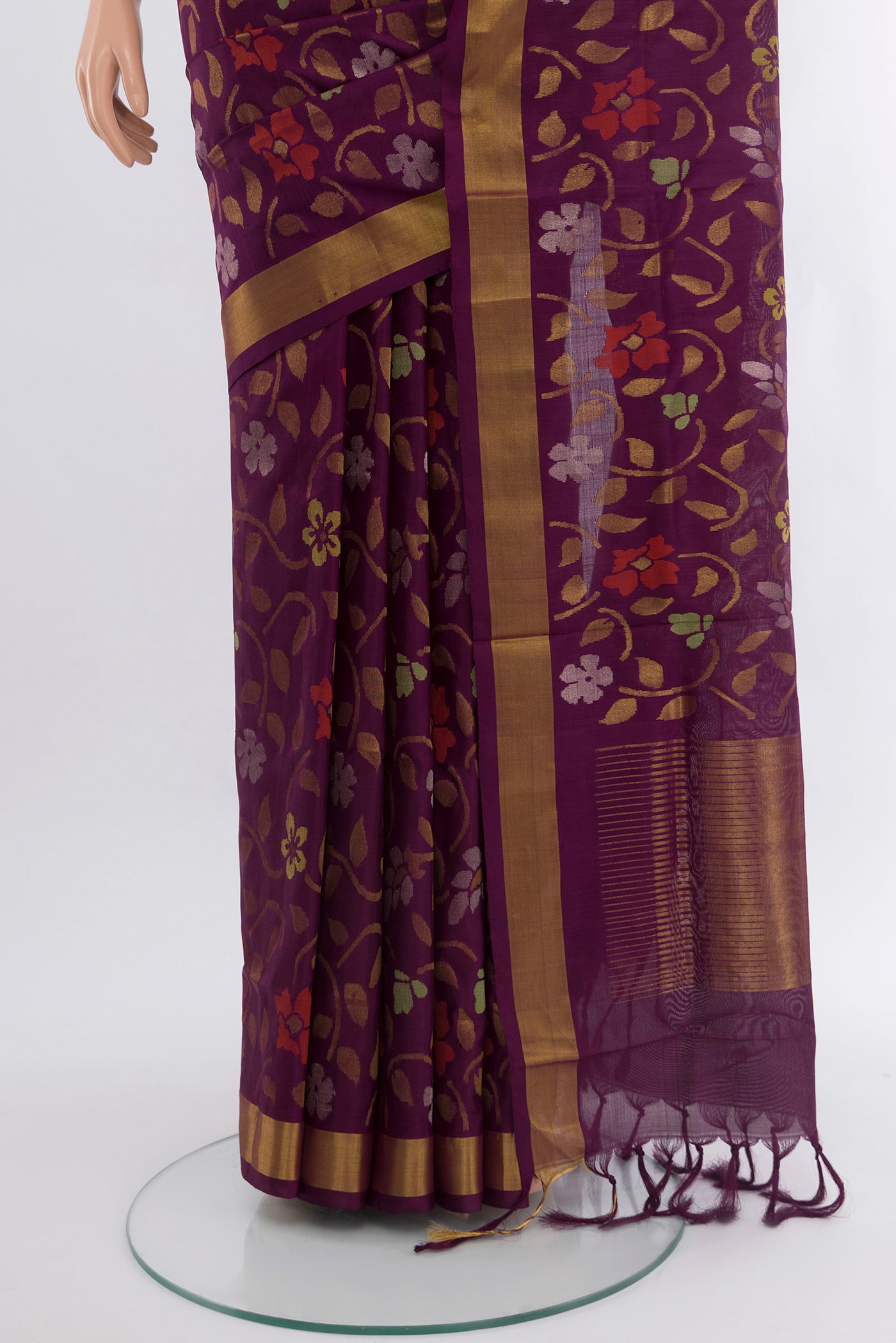 Pleats and pallu of Pure Silk Pure Zari Purple Uppada Saree with Zari Brocade on the body and Zari Border. 