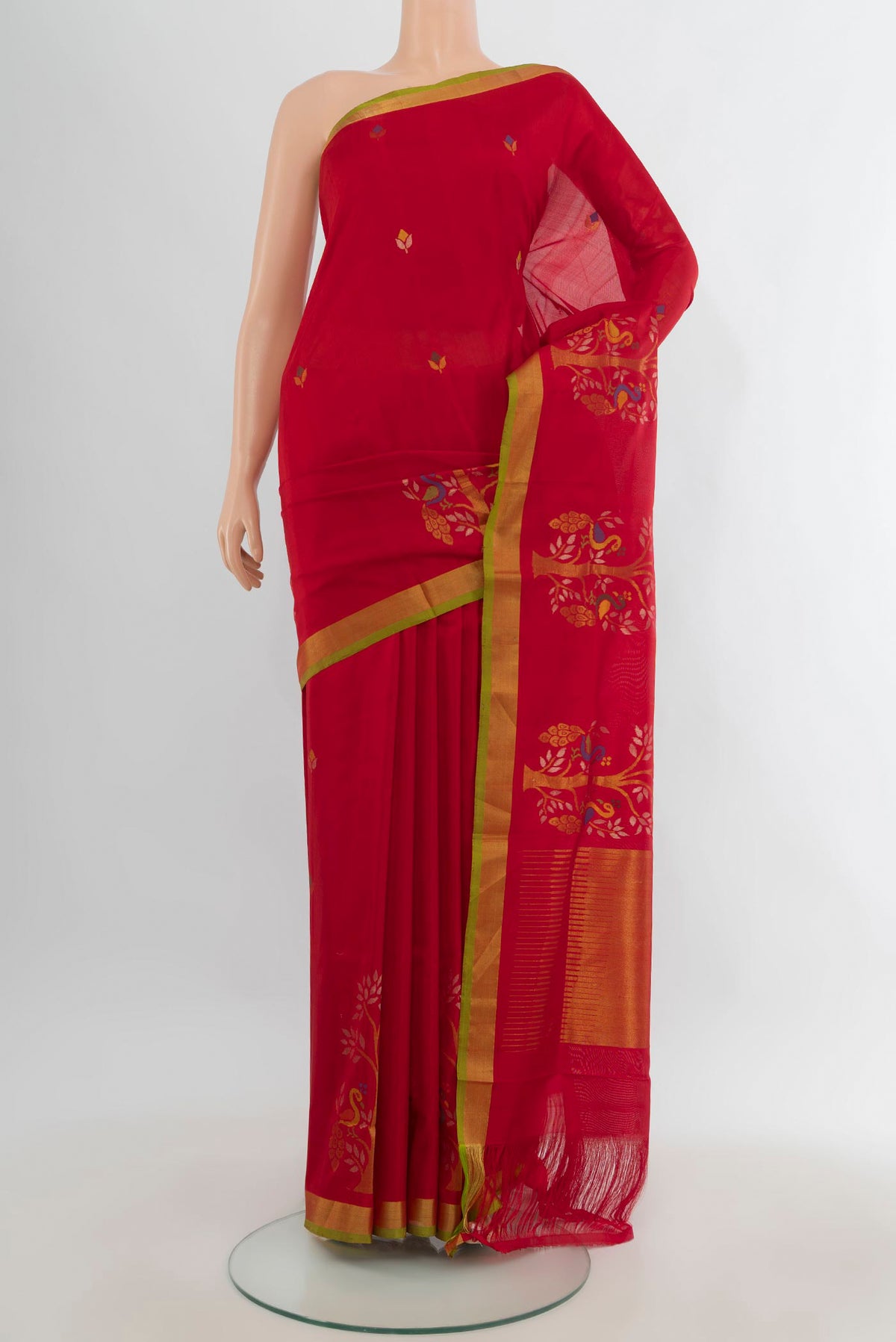 Pure Silk Red Uppada Saree with Zari Butta on the body and Zari Border.  displayed on a mannequin