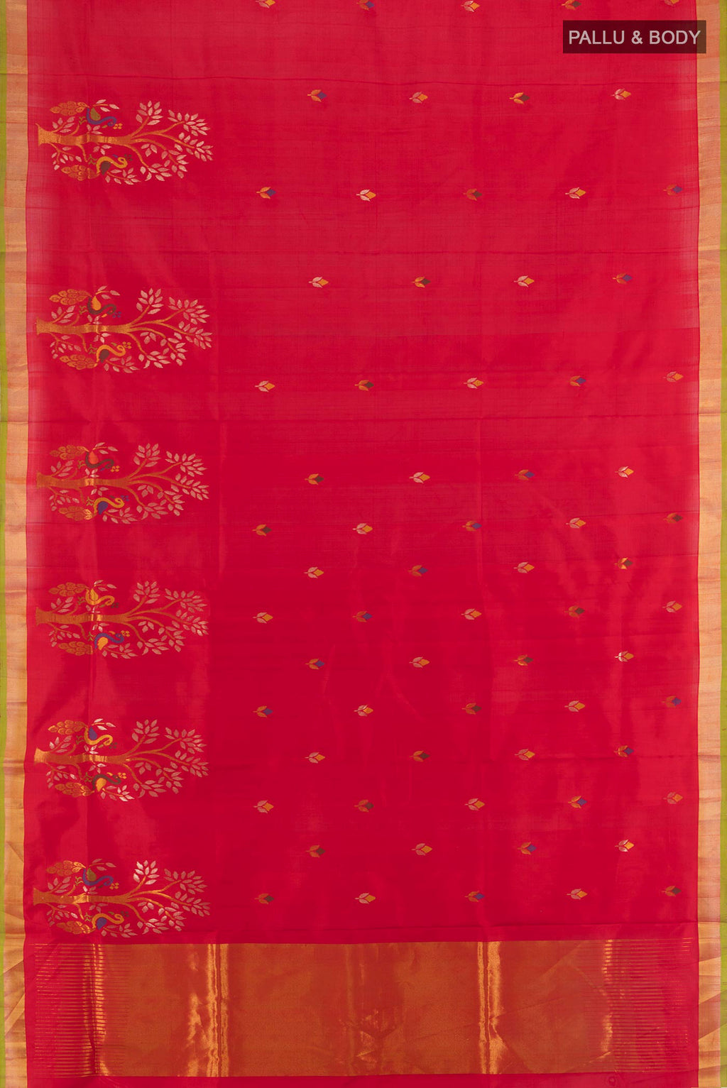 Flat view of Pure Silk Red Uppada Saree with Zari Butta on the body and Zari Border. 