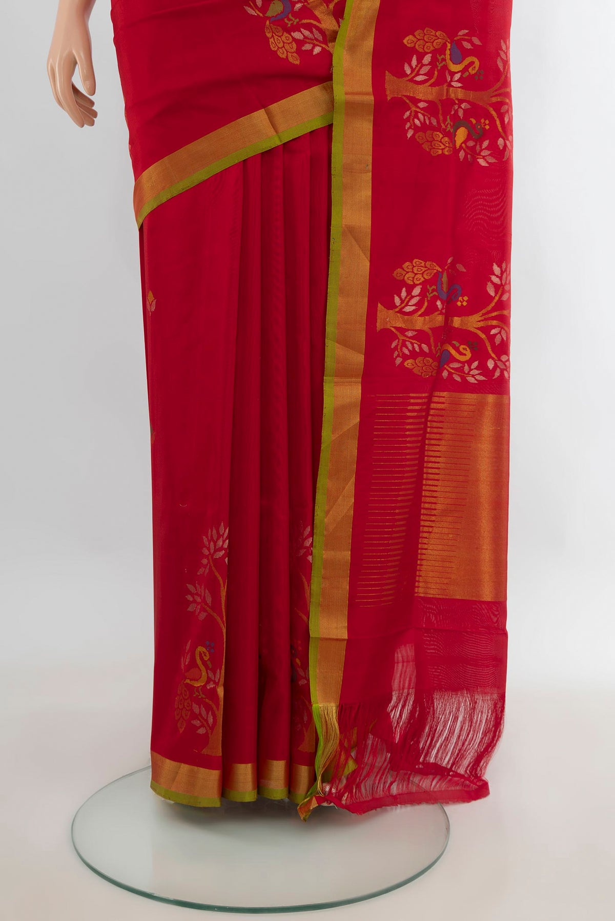 Pleats and pallu of Pure Silk Red Uppada Saree with Zari Butta on the body and Zari Border. 