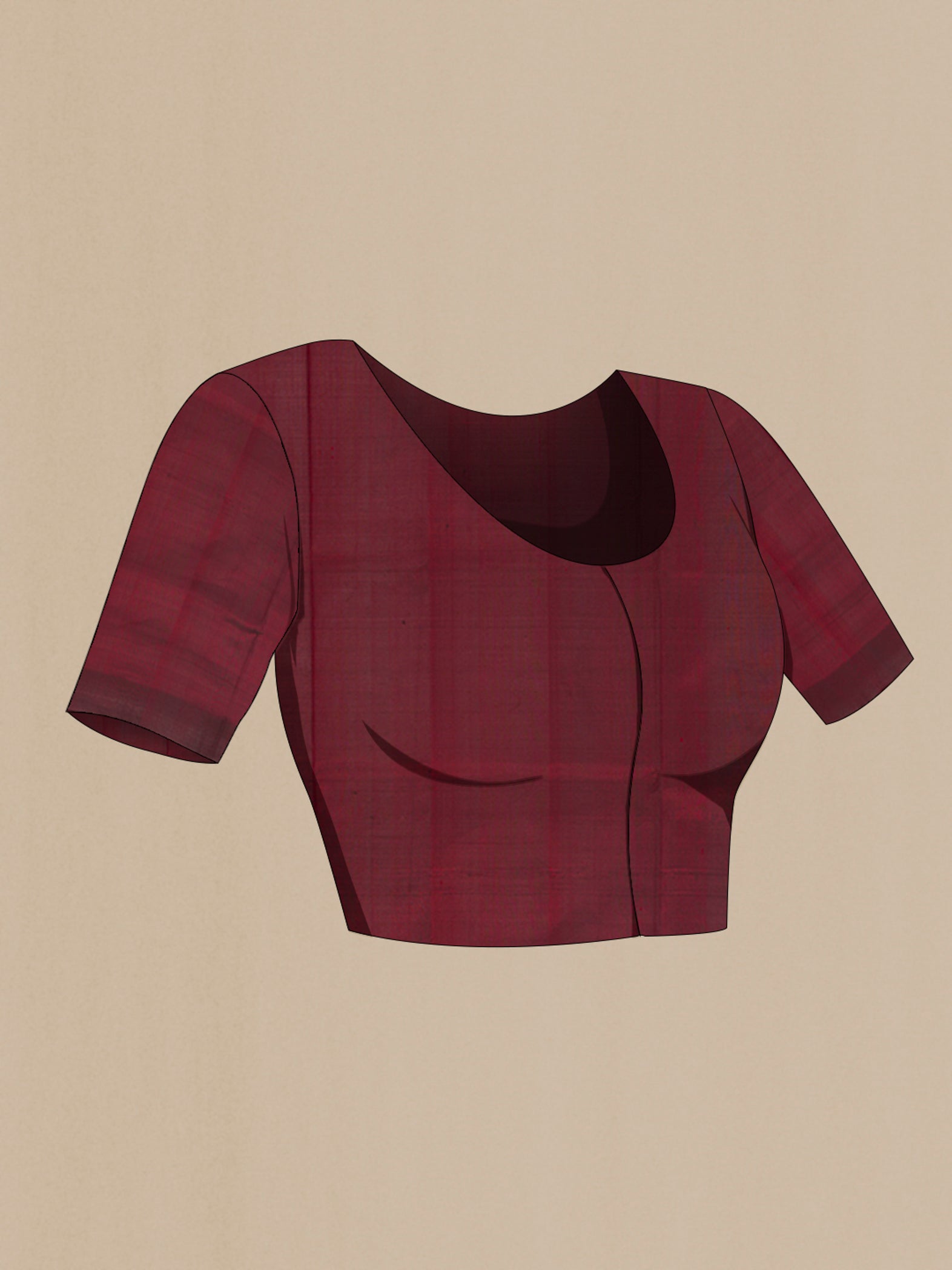 Close up image of the blouse of Maroon Uppada Silk Saree with Plain Body and Temple Border. 