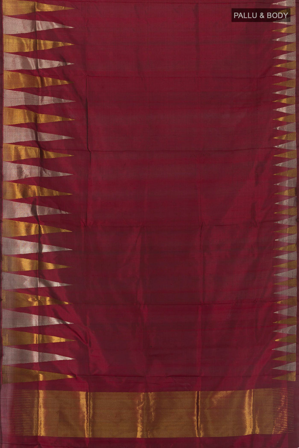 Flat view of Maroon Uppada Silk Saree with Plain Body and Temple Border. 