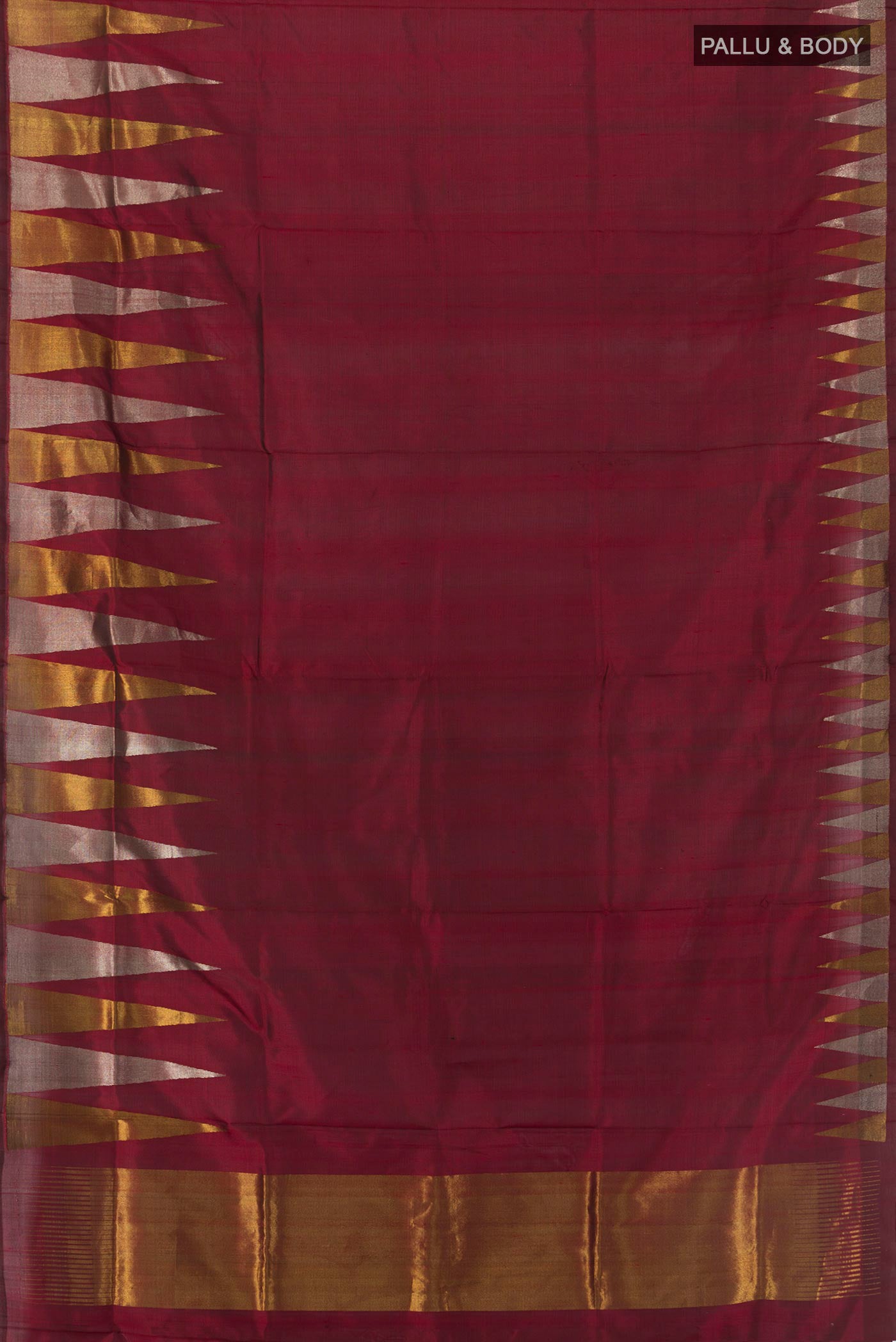 Flat view of Maroon Uppada Silk Saree with Plain Body and Temple Border. 