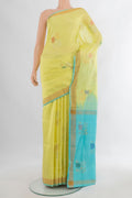 Pure Silk Lemon Yellow Uppada Saree with Zari And Thread Butta on the body and Zari Border.  displayed on a mannequin