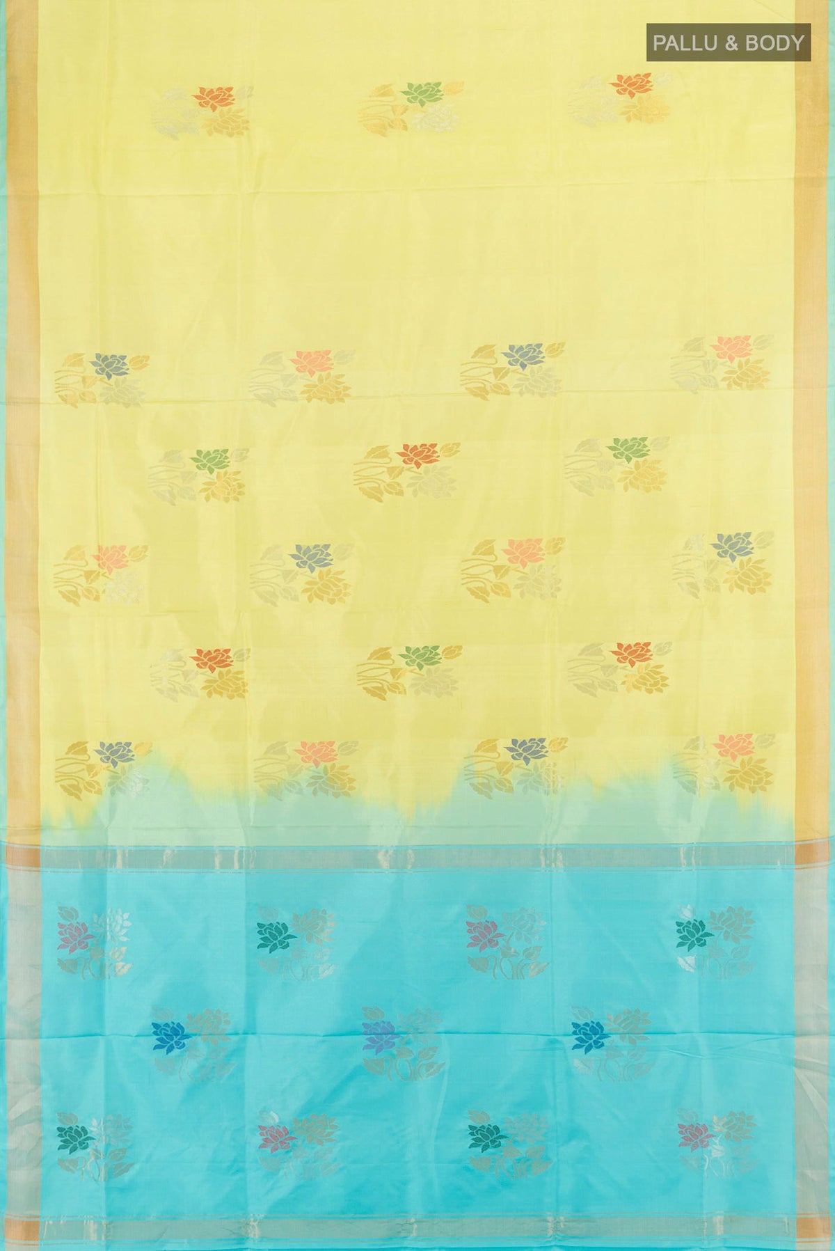 Flat view of Pure Silk Lemon Yellow Uppada Saree with Zari And Thread Butta on the body and Zari Border. 