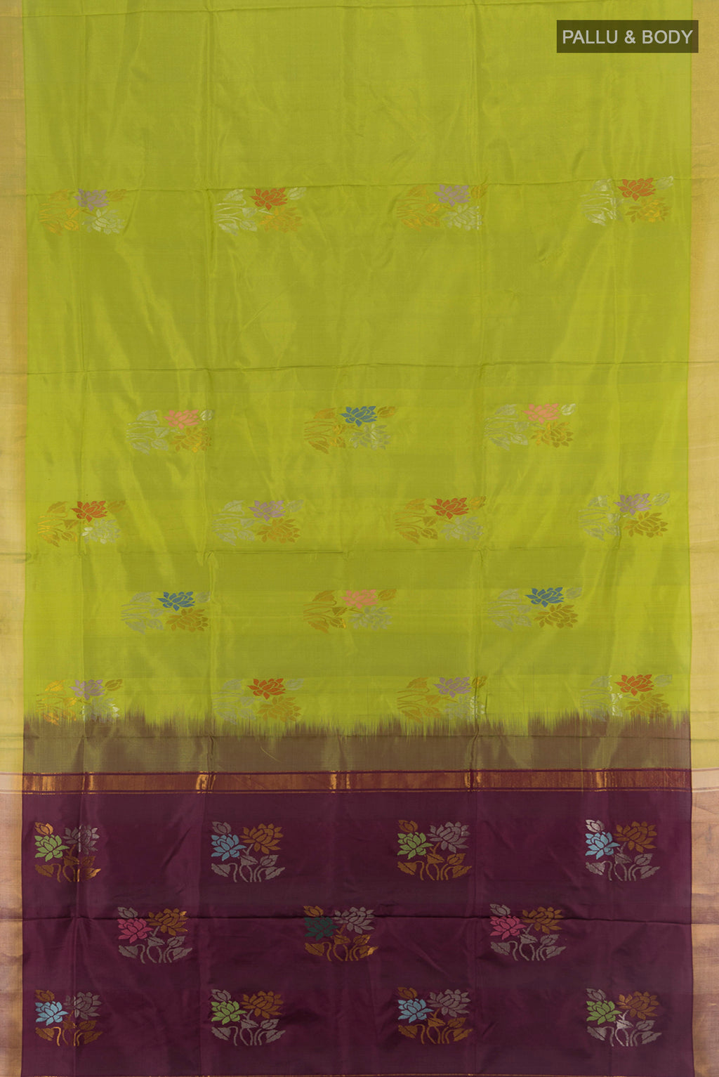 Flat view of Light Green Uppada Silk Saree with Zari Butta on the body and Silk Border. 