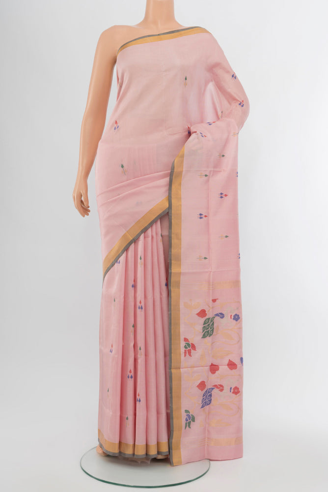 Rose Gold Uppada Silk Saree with Zari Butta on the body and Silk Border.  displayed on a mannequin