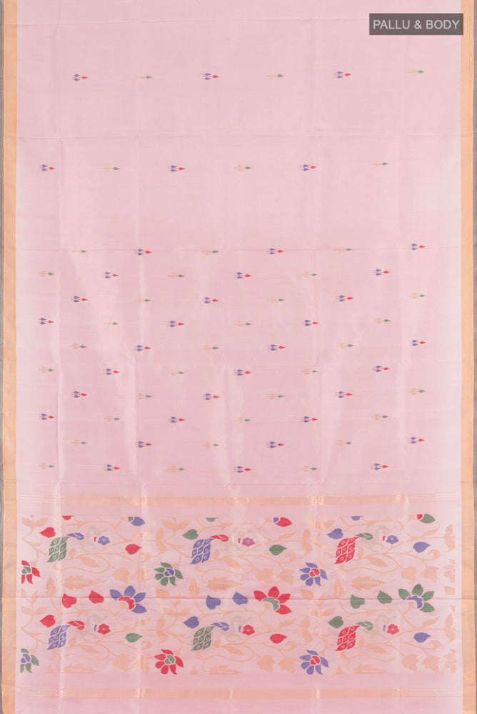 Flat view of Rose Gold Uppada Silk Saree with Zari Butta on the body and Silk Border. 