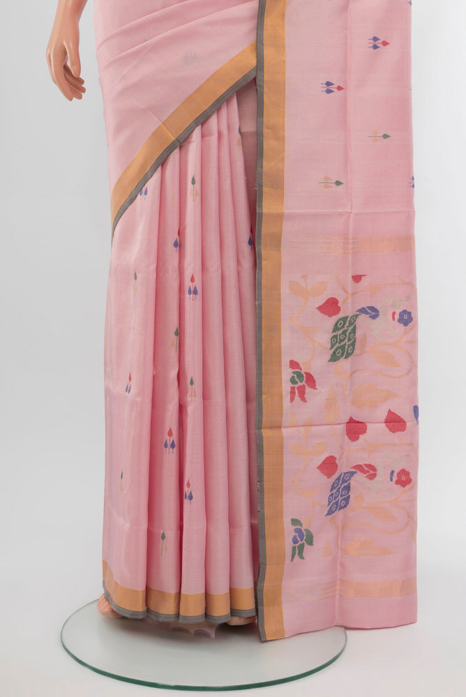 Pleats and pallu of Rose Gold Uppada Silk Saree with Zari Butta on the body and Silk Border. 
