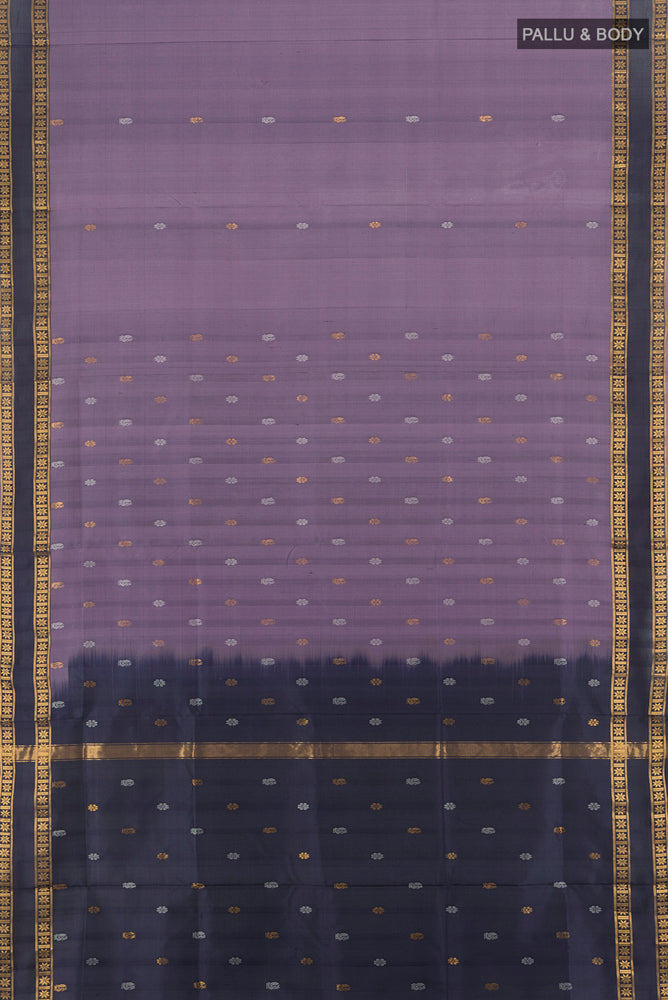 Flat view of Pure Silk Pure Zari Davys Grey Uppada Saree with Zari Butta on the body and Silk Border. 