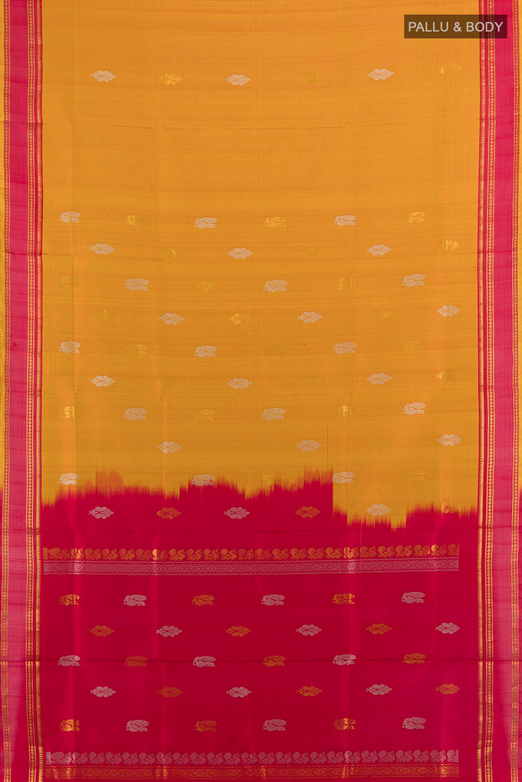 Flat view of Pure Silk Mustard Uppada Saree with Zari Butta on the body and Silk Border. 