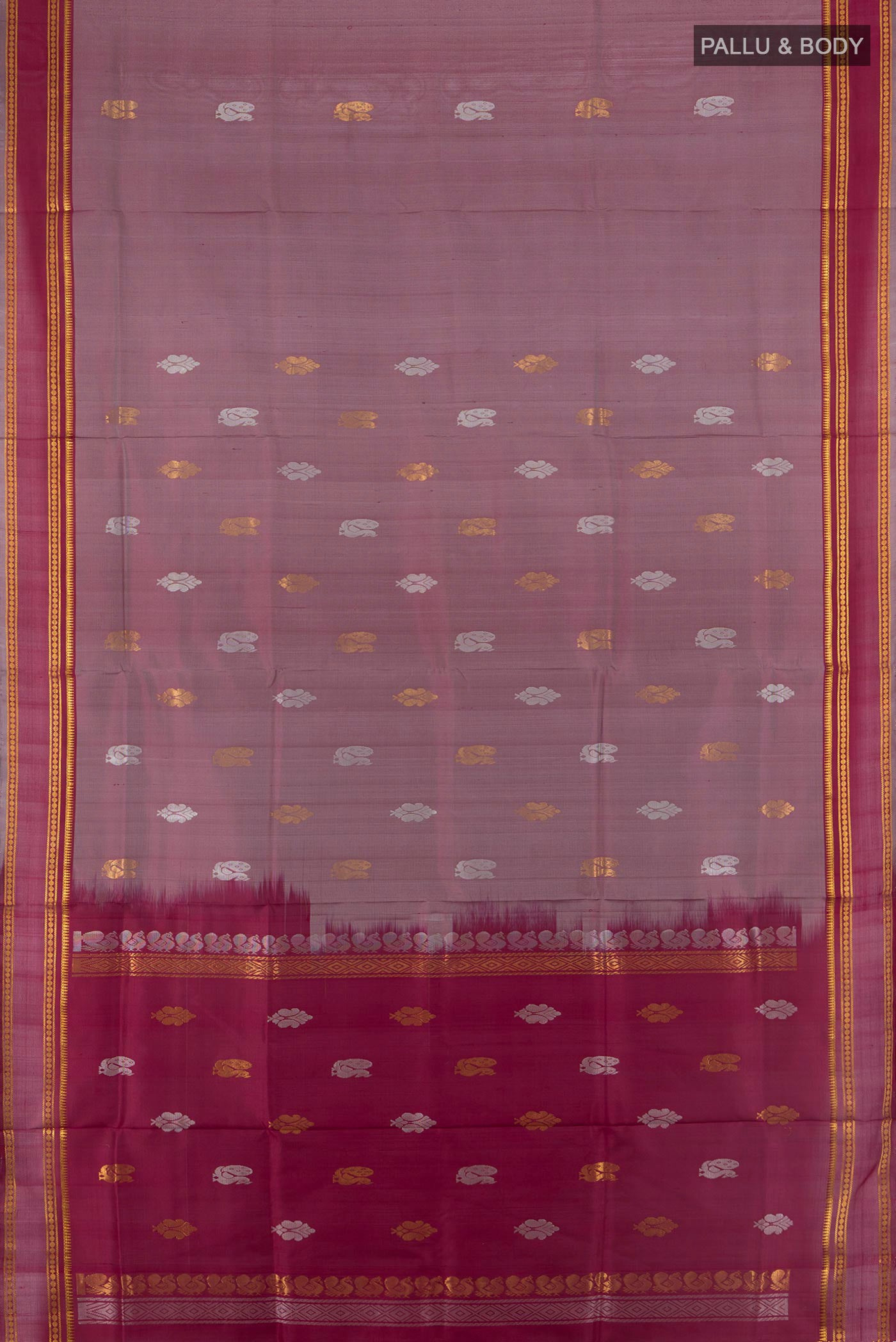 Flat view of Mauve Uppada Silk Saree with Zari Butta on the body and Zari Border. 