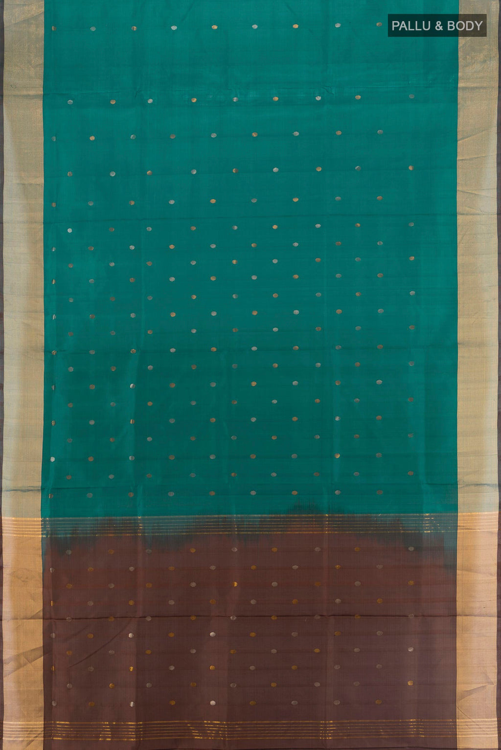 Flat view of Pure Silk Green Uppada Saree with Zari Butta on the body and Zari Border. 
