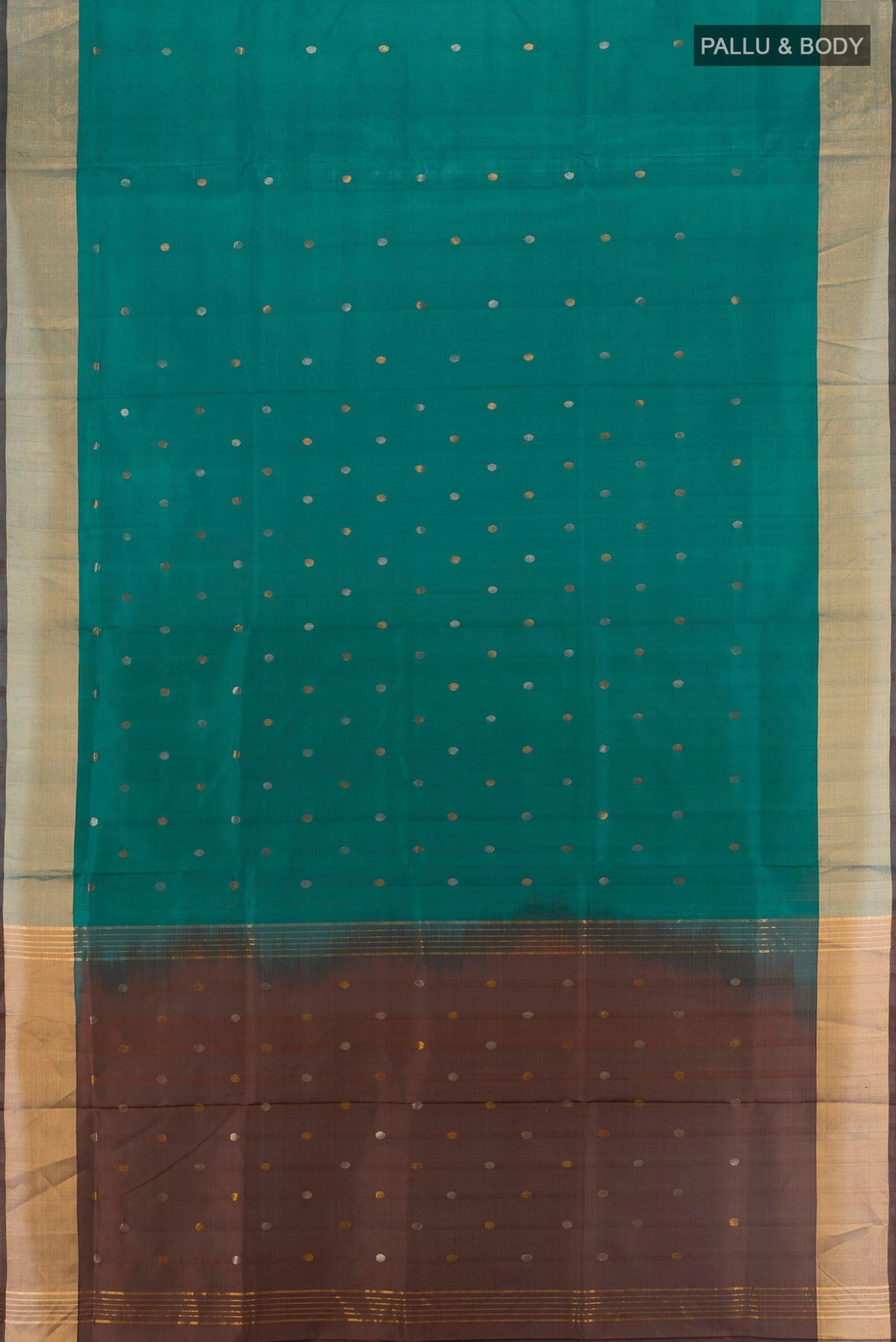 Flat view of Pure Silk Green Uppada Saree with Zari Butta on the body and Zari Border. 