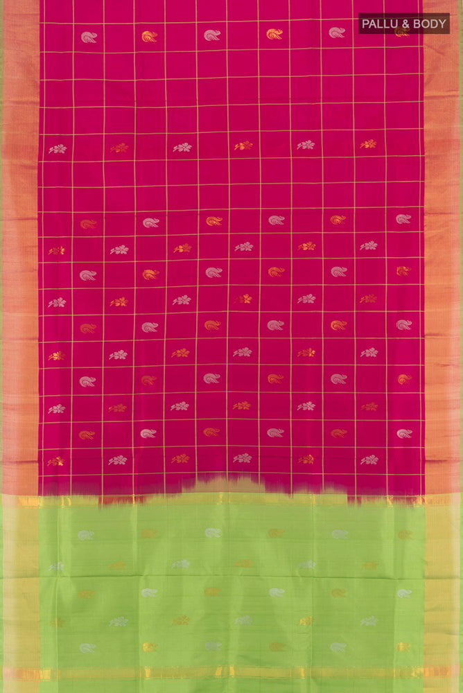 Flat view of Pure Silk Pure Zari Dark Pink Uppada Saree with Zari Butta on the body and Silk Border. 