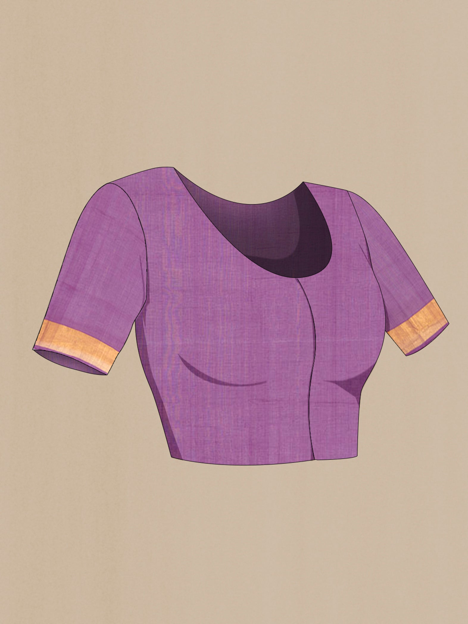 Close up image of the blouse of Pure Silk Pure Zari Violet Uppada Cotton Saree with Zari Butta on the body and Zari Border. 