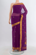 Pure Silk Pure Zari Violet Uppada Cotton Saree with Zari Butta on the body and Zari Border.  displayed on a mannequin