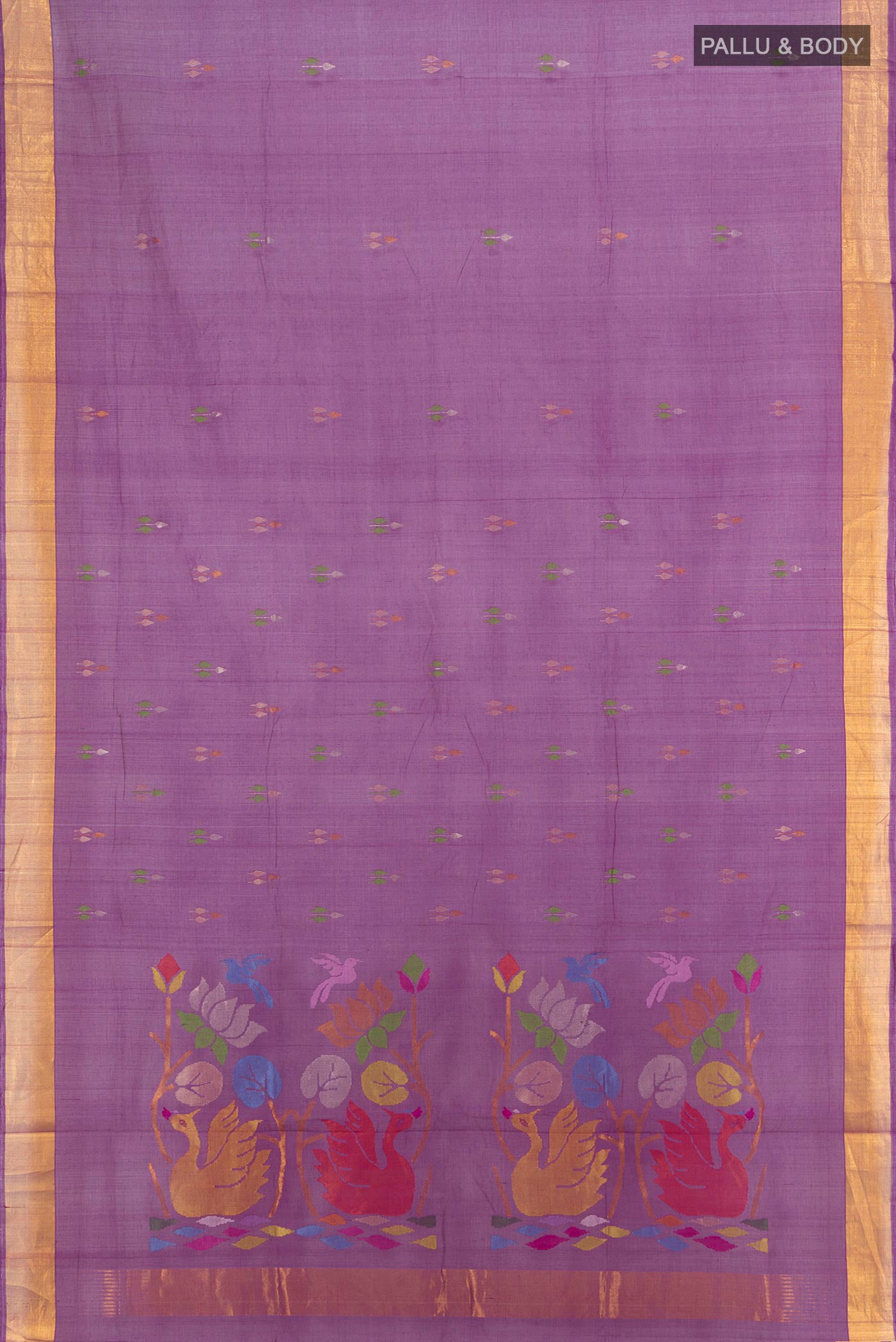 Flat view of Pure Silk Pure Zari Violet Uppada Cotton Saree with Zari Butta on the body and Zari Border. 