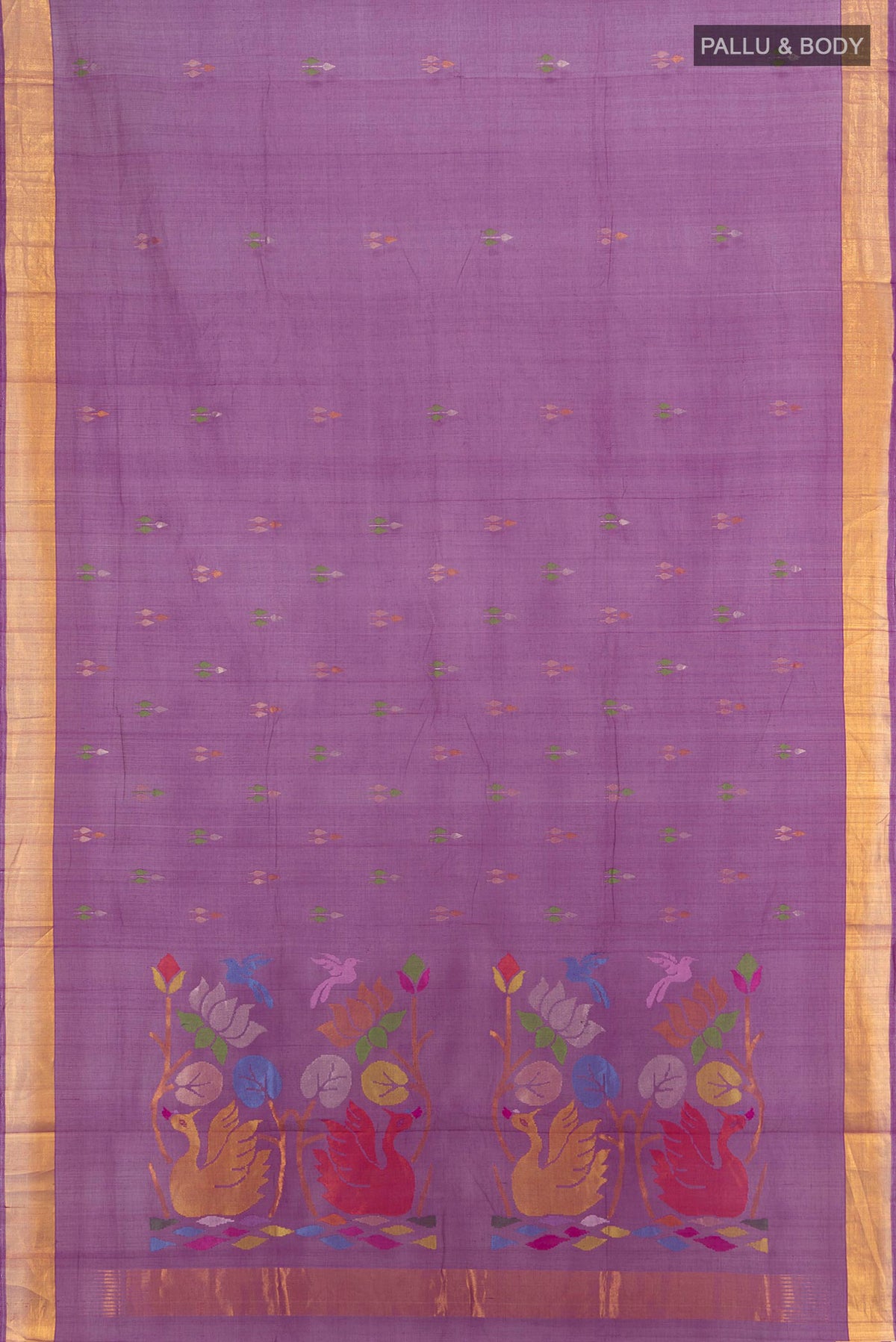 Flat view of Pure Silk Pure Zari Violet Uppada Cotton Saree with Zari Butta on the body and Zari Border. 
