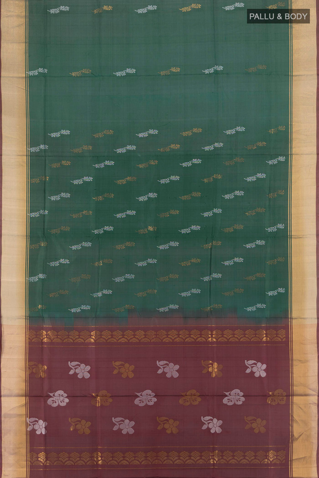 Flat view of Pure Silk Bottle Green Uppada Saree with Zari Butta on the body and Zari Border. 