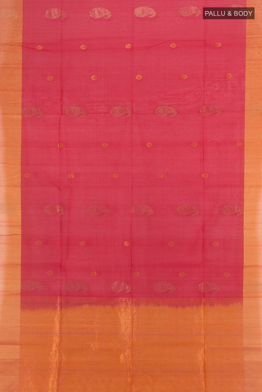 Flat view of Red Silk Cotton Saree with Zari Butta on the body and Zari Border. 