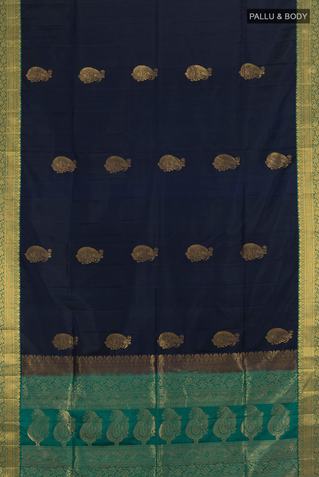Flat view of Navy Blue Soft Silk Saree with Zari Butta on the body and Zari Border. 