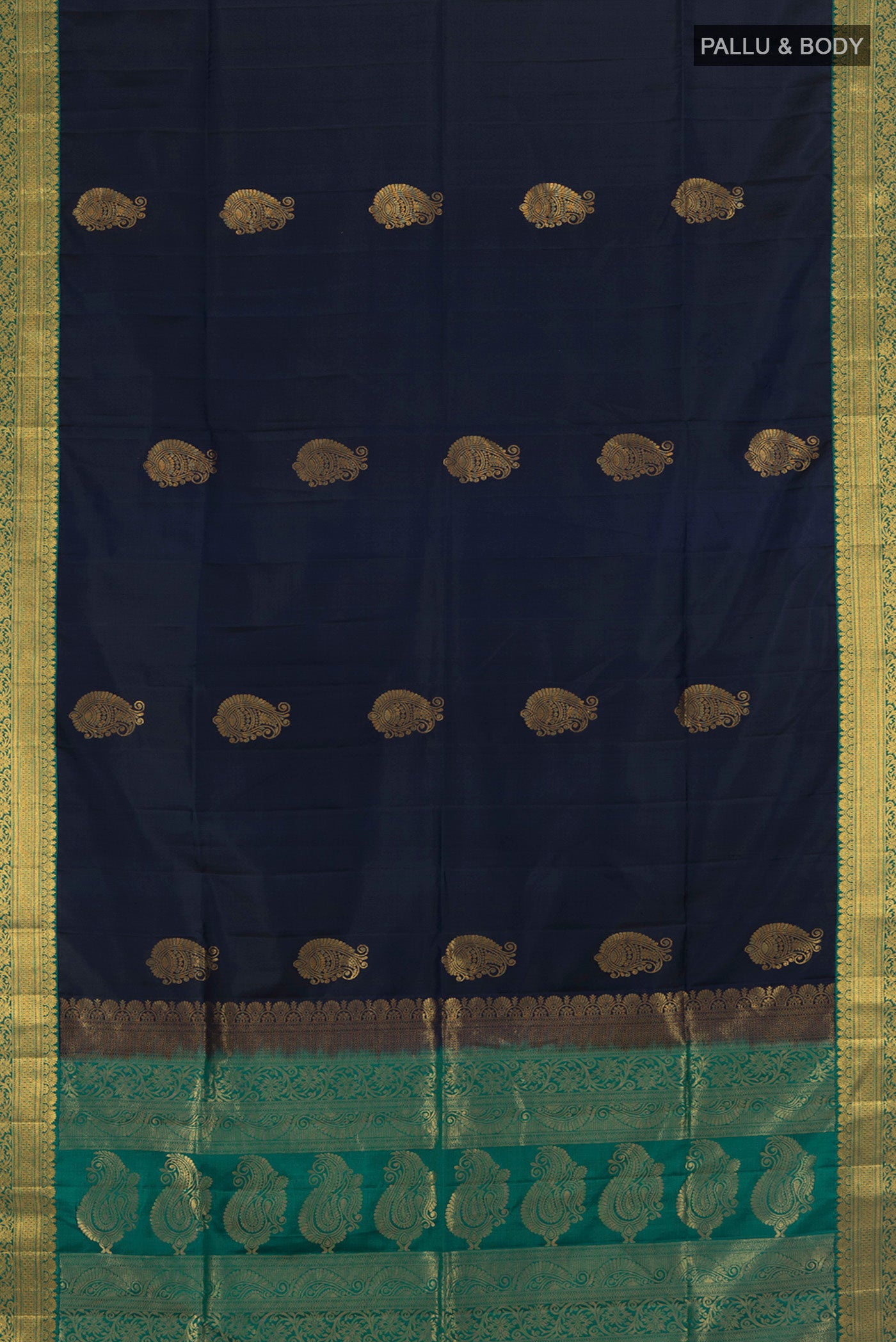 Flat view of Navy Blue Soft Silk Saree with Zari Butta on the body and Zari Border. 