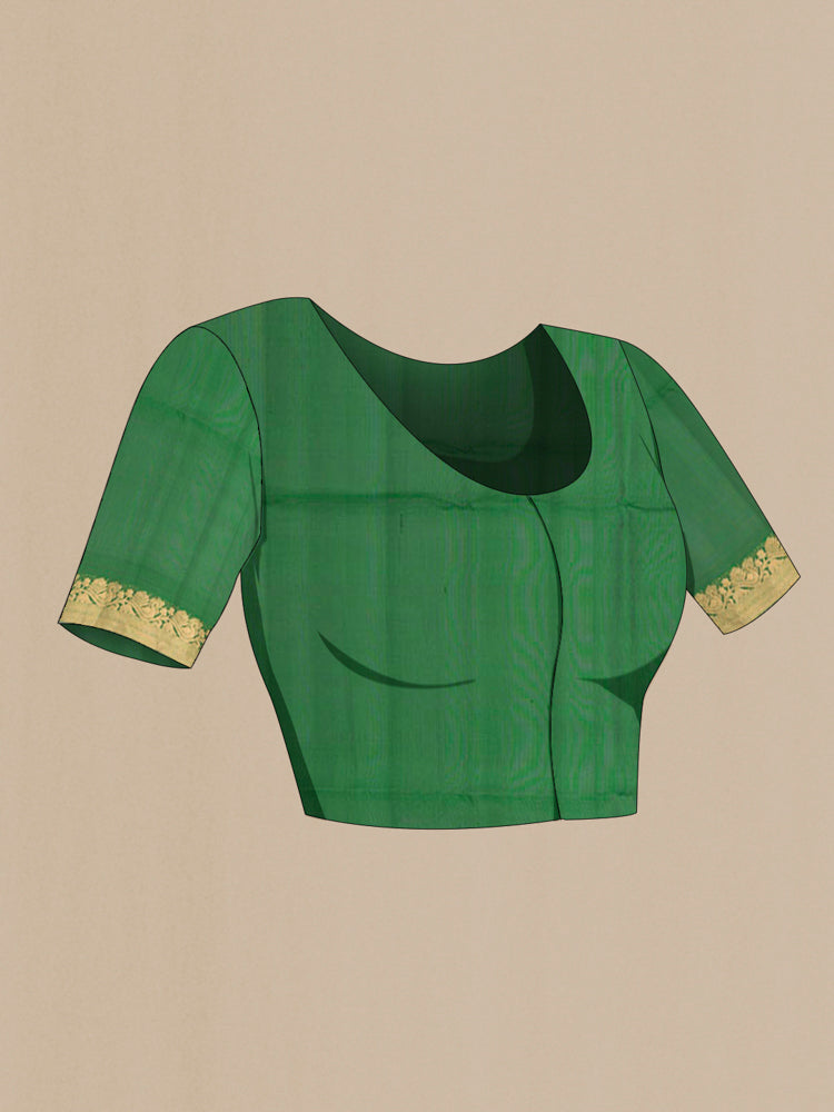 Close up image of the blouse of Pure Silk Pure Zari Violet Soft Saree with Zari Butta on the body and Silk Border. 