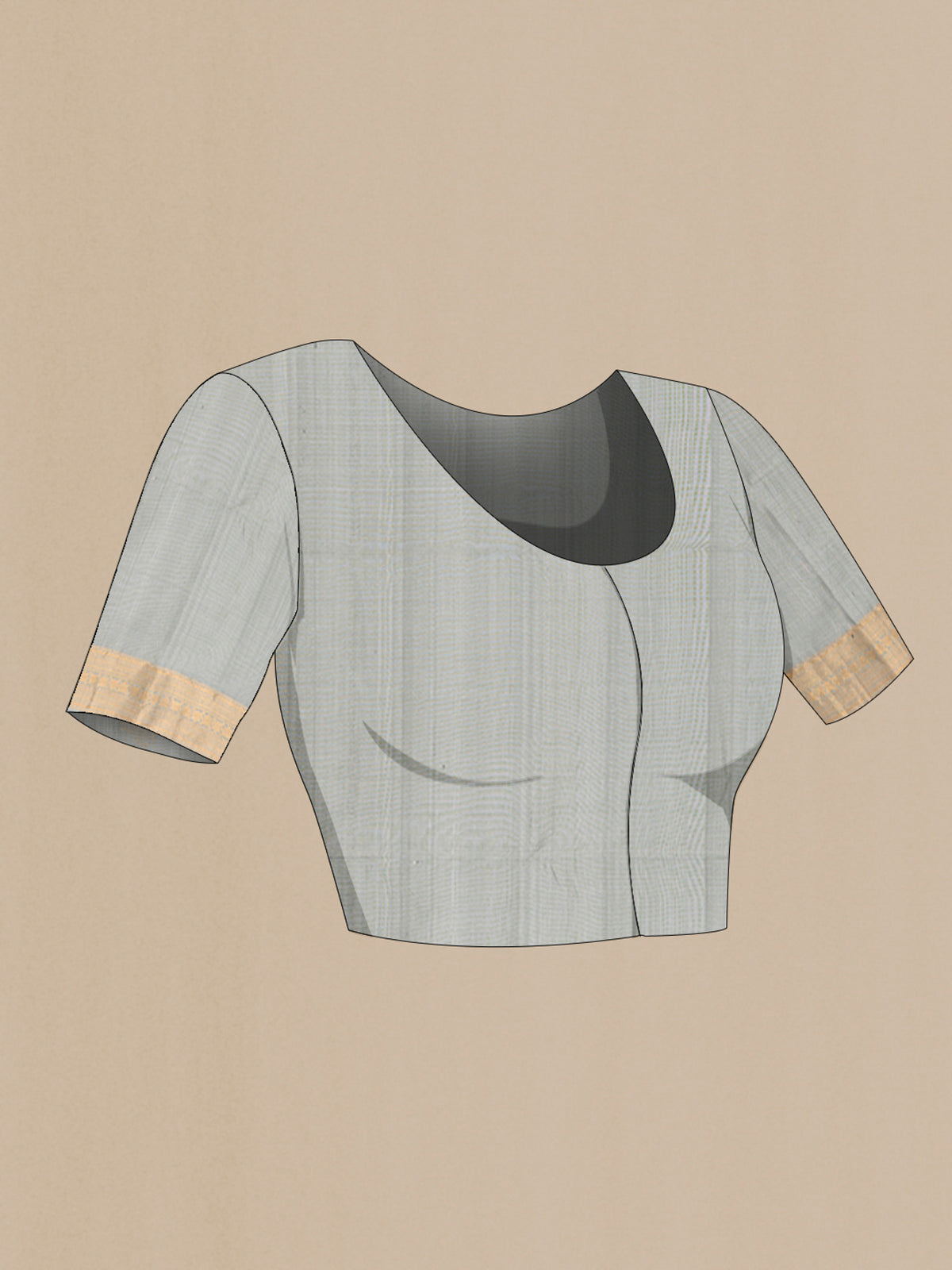 Close up image of the blouse of Davys Grey Soft Silk Saree with Zari Butta on the body and Zari Border. 