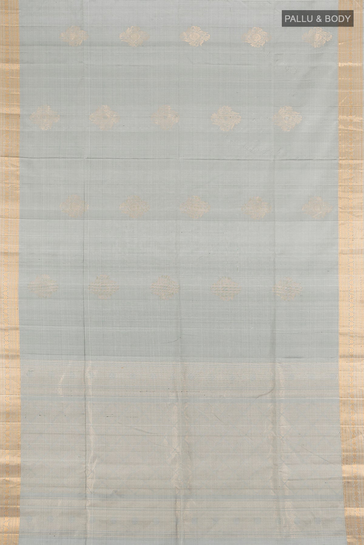 Flat view of Davys Grey Soft Silk Saree with Zari Butta on the body and Zari Border. 