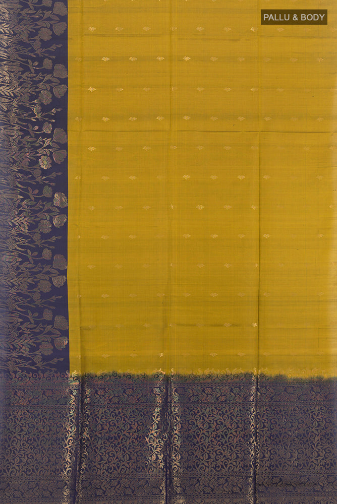 Flat view of Pure Silk Pure Zari Mehandi Green Soft Saree with Zari Butta on the body and Silk Border. 