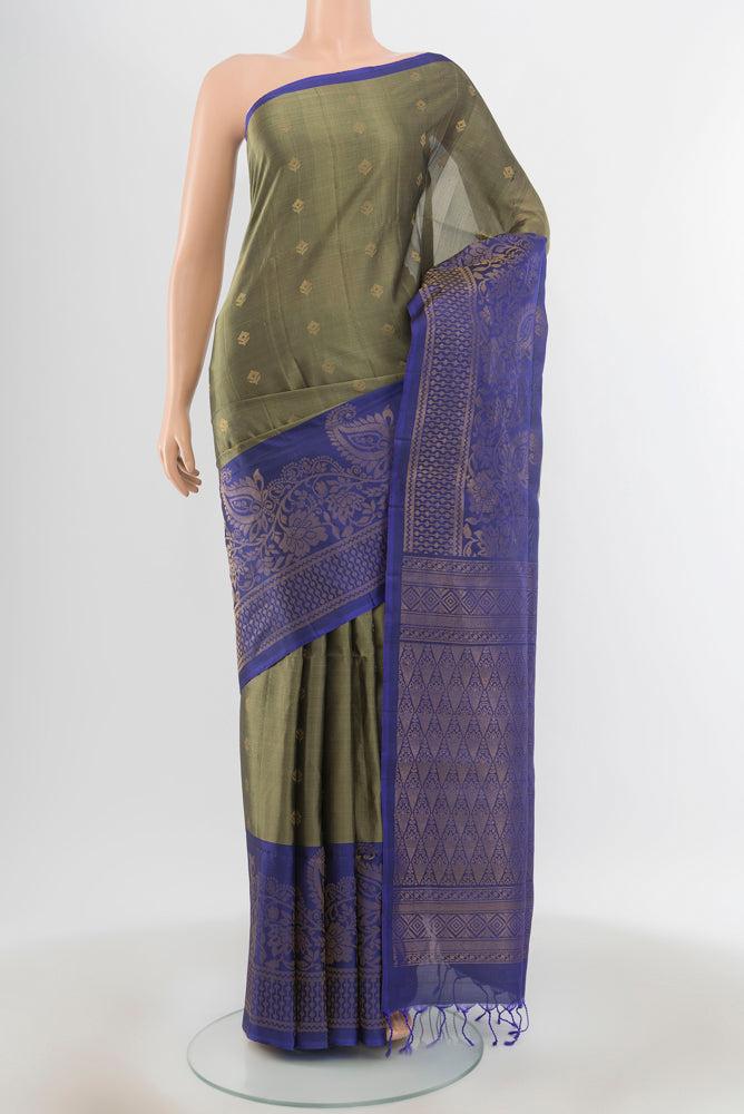 Pure Silk Pure Zari Davys Grey Soft Saree with Zari Butta on the body and Silk Border.  displayed on a mannequin