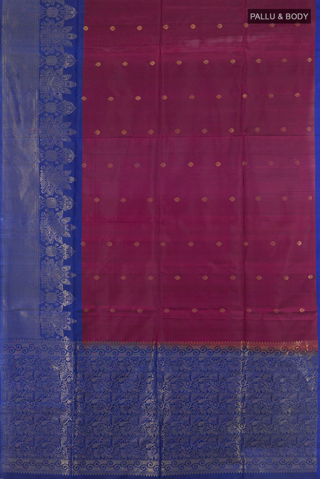 Flat view of Pure Silk Purple Soft Saree with Zari Butta on the body and Fancy Border. 