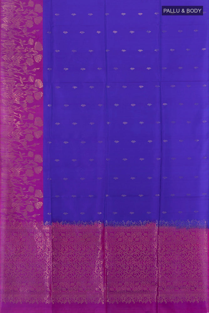 Flat view of Pure Silk Pure Zari Dark Blue Soft Saree with Zari Butta on the body and Silk Border. 