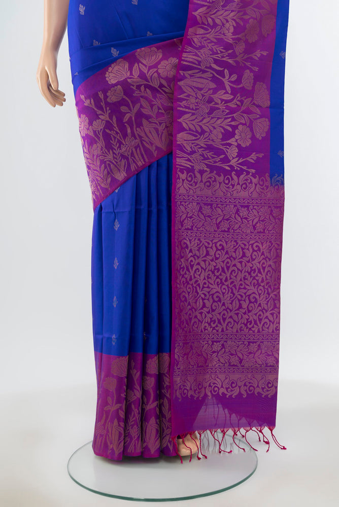 Pleats and pallu of Pure Silk Pure Zari Dark Blue Soft Saree with Zari Butta on the body and Silk Border. 