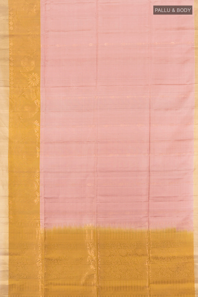 Flat view of Pure Silk Pure Zari Bronze Soft Saree with Zari Butta on the body and Silk Border. 