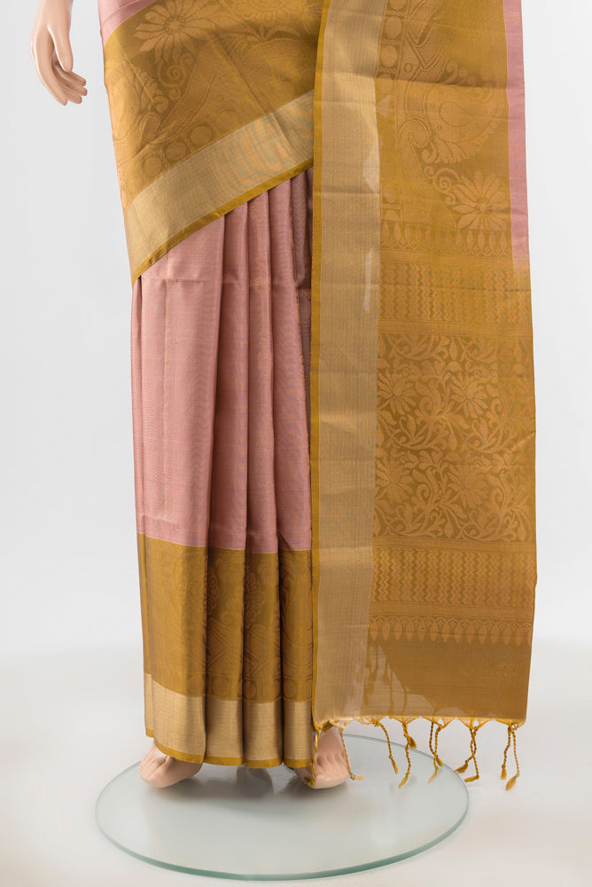 Pleats and pallu of Pure Silk Pure Zari Bronze Soft Saree with Zari Butta on the body and Silk Border. 