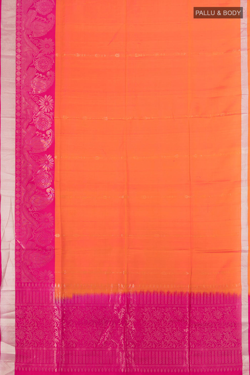 Flat view of Pure Silk Brick Orange Soft Saree with Zari Butta on the body and Zari Border. 